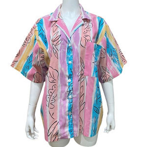Vintage Blouse Shirt Button Up Pastel Stripes Leaf Print Colorful